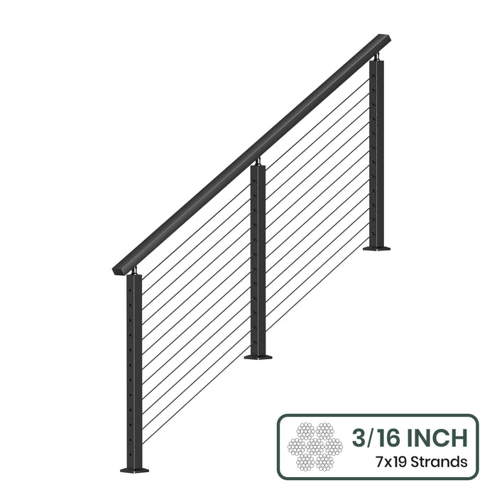 BLIKA 36'' & 42'' Black Surface Mount Stair Cable Railing System DIY Kit (4FT - 20FT, Angled Drilled) - 3/16" Cable & Hardware