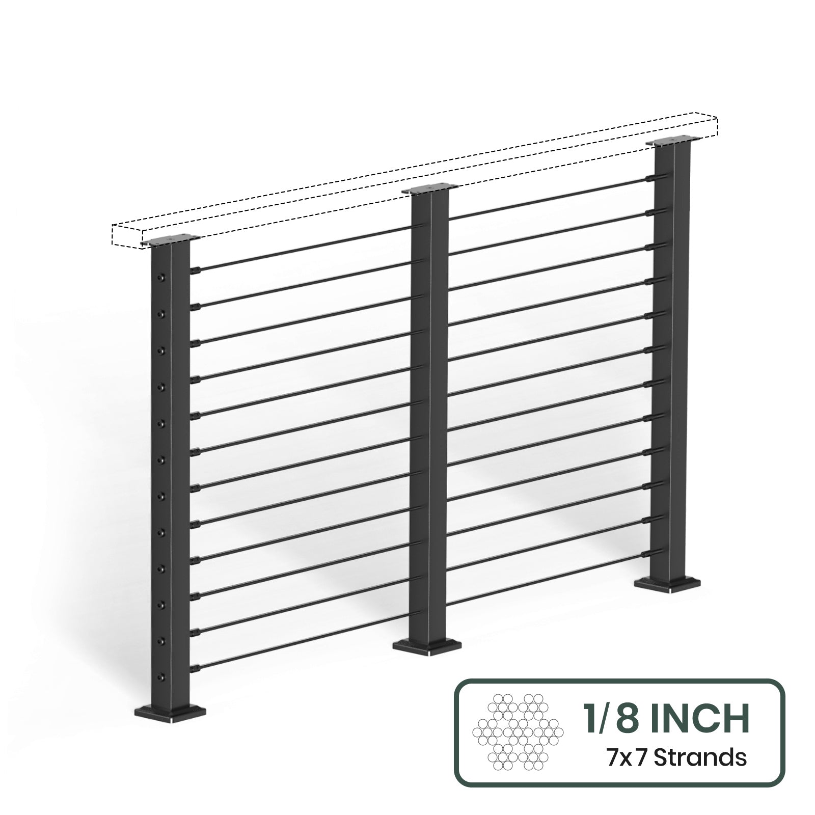 BLIKA 36'' & 42''  Black Surface Mount Cable Railing System DIY Kit (4FT - 28FT, Level Drilled, No Handrail) - 1/8