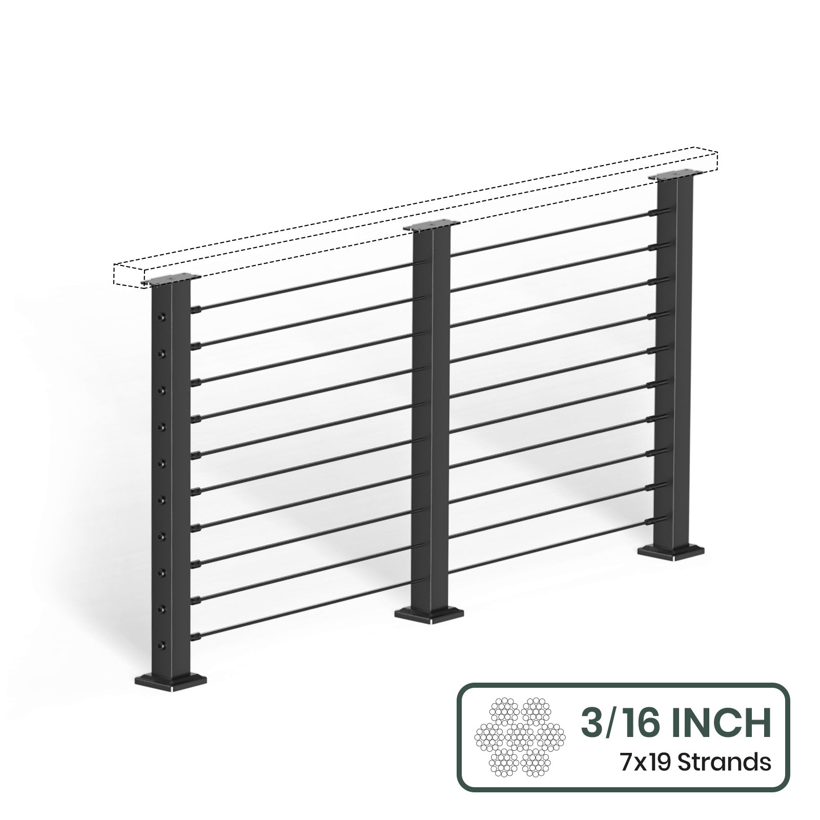 BLIKA 36'' & 42''  Black Surface Mount Cable Railing System DIY Kit (4FT - 28FT, Level Drilled, No Handrail) - 3/16