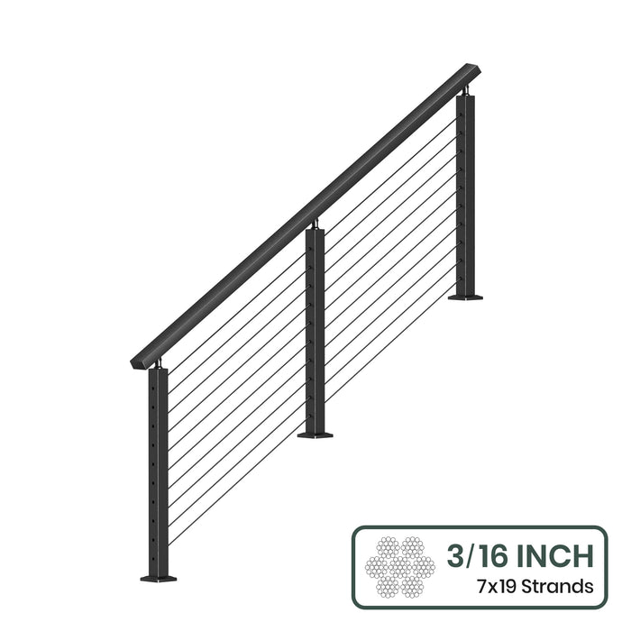 BLIKA 36'' & 42'' Black Surface Mount Stair Cable Railing System DIY Kit (4FT - 20FT, Angled Drilled) - 3/16" Cable & Hardware