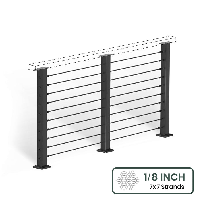BLIKA 36'' & 42''  Black Surface Mount Cable Railing System DIY Kit (4FT - 28FT, Level Drilled, No Handrail) - 1/8" Cable & Hardware