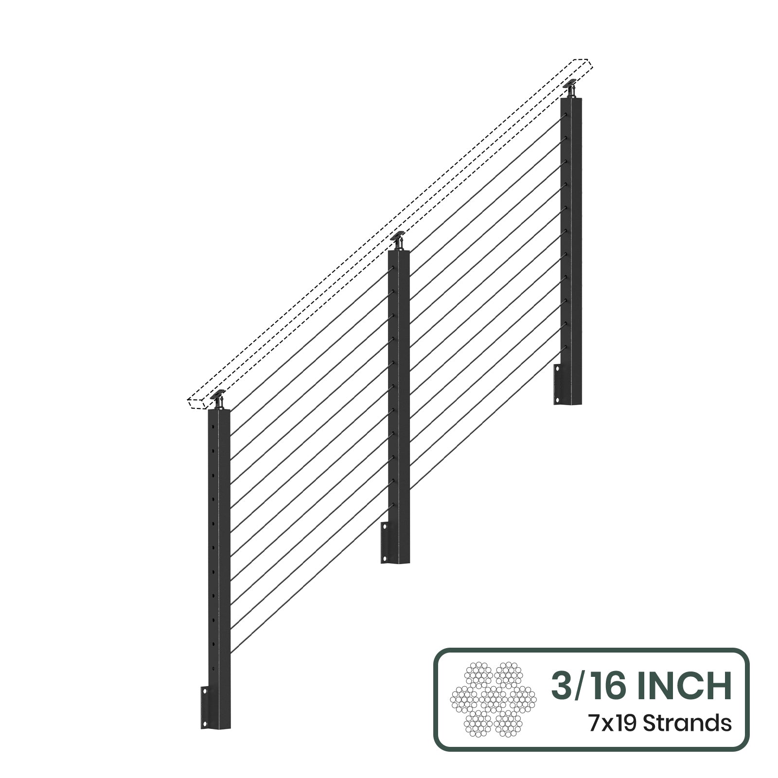 BLIKA 36'' & 42'' Black Side Mount Stair Cable Railing System DIY Kit (4FT - 20FT,  No Handrail) - 3/16