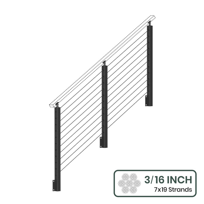 BLIKA 36'' & 42'' Black Side Mount Stair Cable Railing System DIY Kit (4FT - 20FT,  No Handrail) - 3/16" Cable & Hardware
