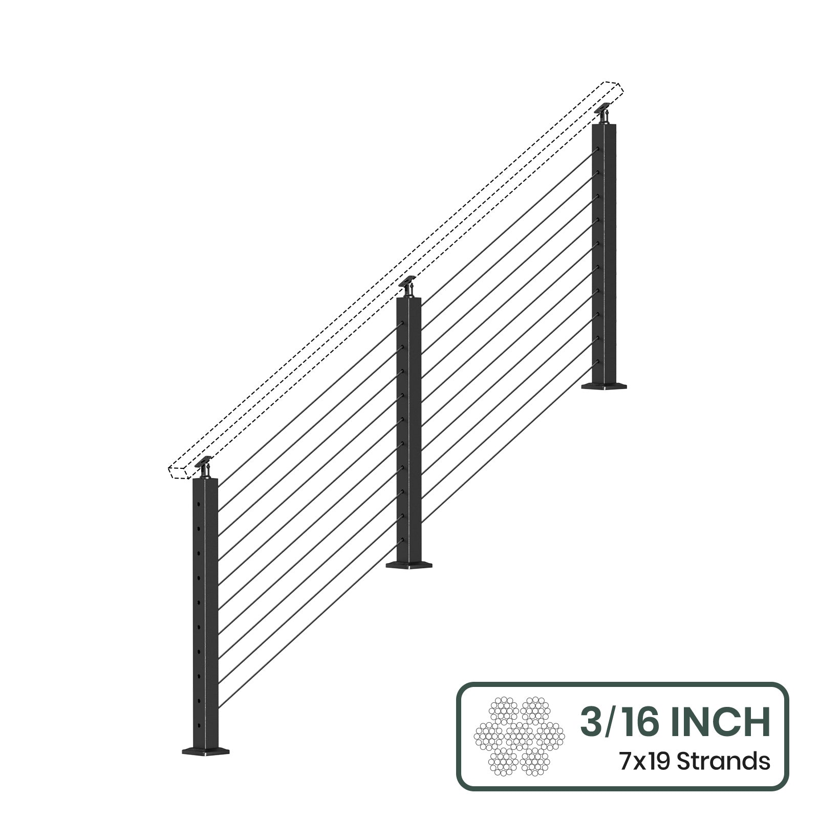BLIKA 36'' & 42'' Black Surface Mount Stair Cable Railing System DIY Kit (4FT - 20FT, Angled Drilled, No Handrail) - 3/16