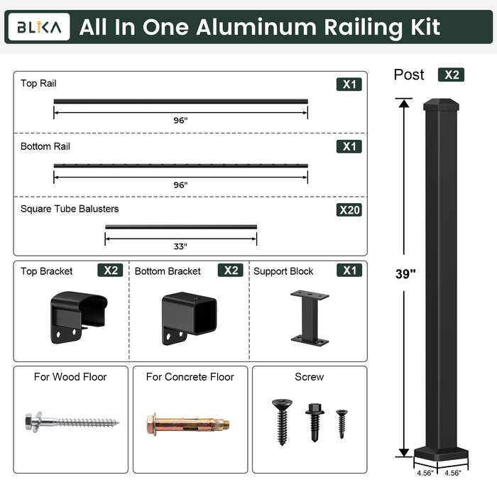 BLIKA 36" Level Aluminum Railing & 39" Post System DIY Kit（4FT-28FT）