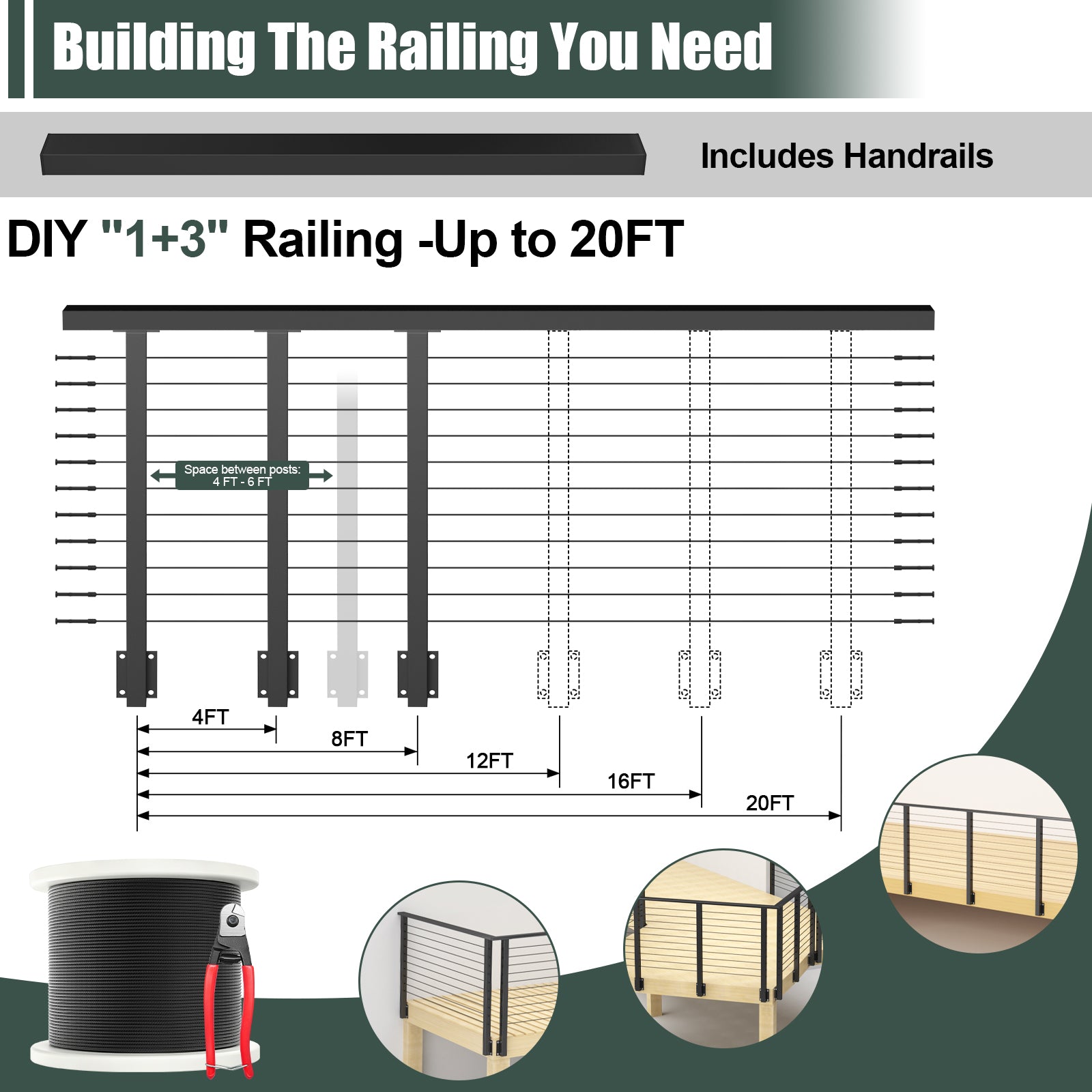 BLIKA 42'' Black Side Mount Cable Railing System DIY Kit (4FT - 20FT, Level Drilled)