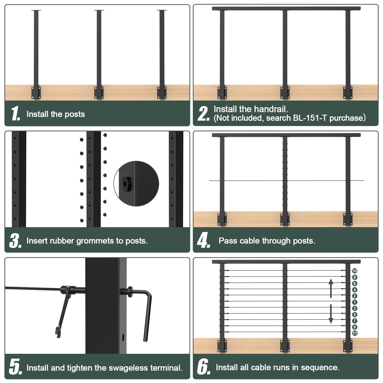 BLIKA 42'' Black Side Mount Cable Railing System DIY Kit (4FT - 20FT, Level Drilled)