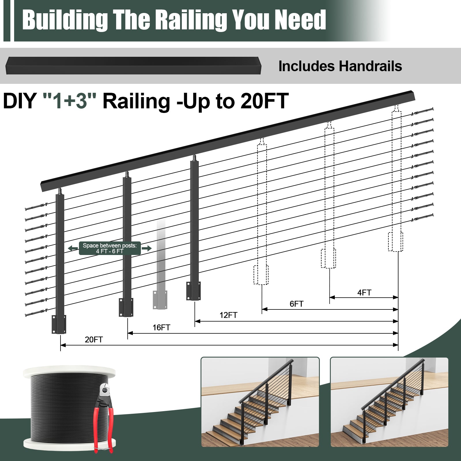BLIKA 42'' Black Side Mount Stair Cable Railing System DIY Kit (4FT - 20FT, Level Drilled)