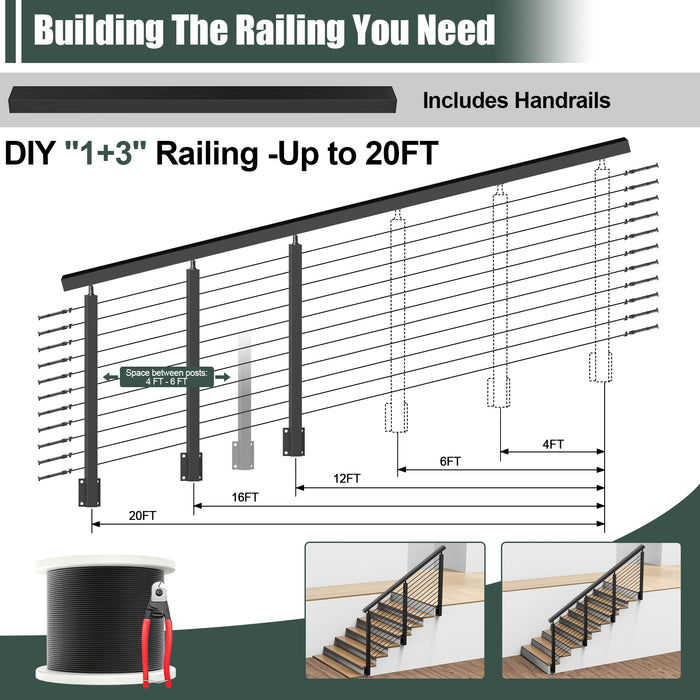 BLIKA 42'' Black Side Mount Stair Cable Railing System DIY Kit (4FT - 20FT, Level Drilled)