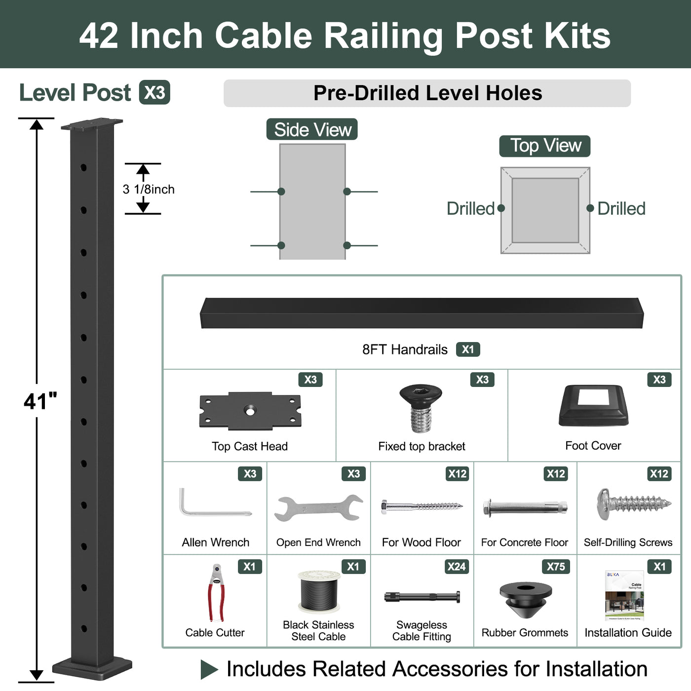 BLIKA 36'' & 42'' Black Surface Mount Cable Railing System DIY Kit (4F