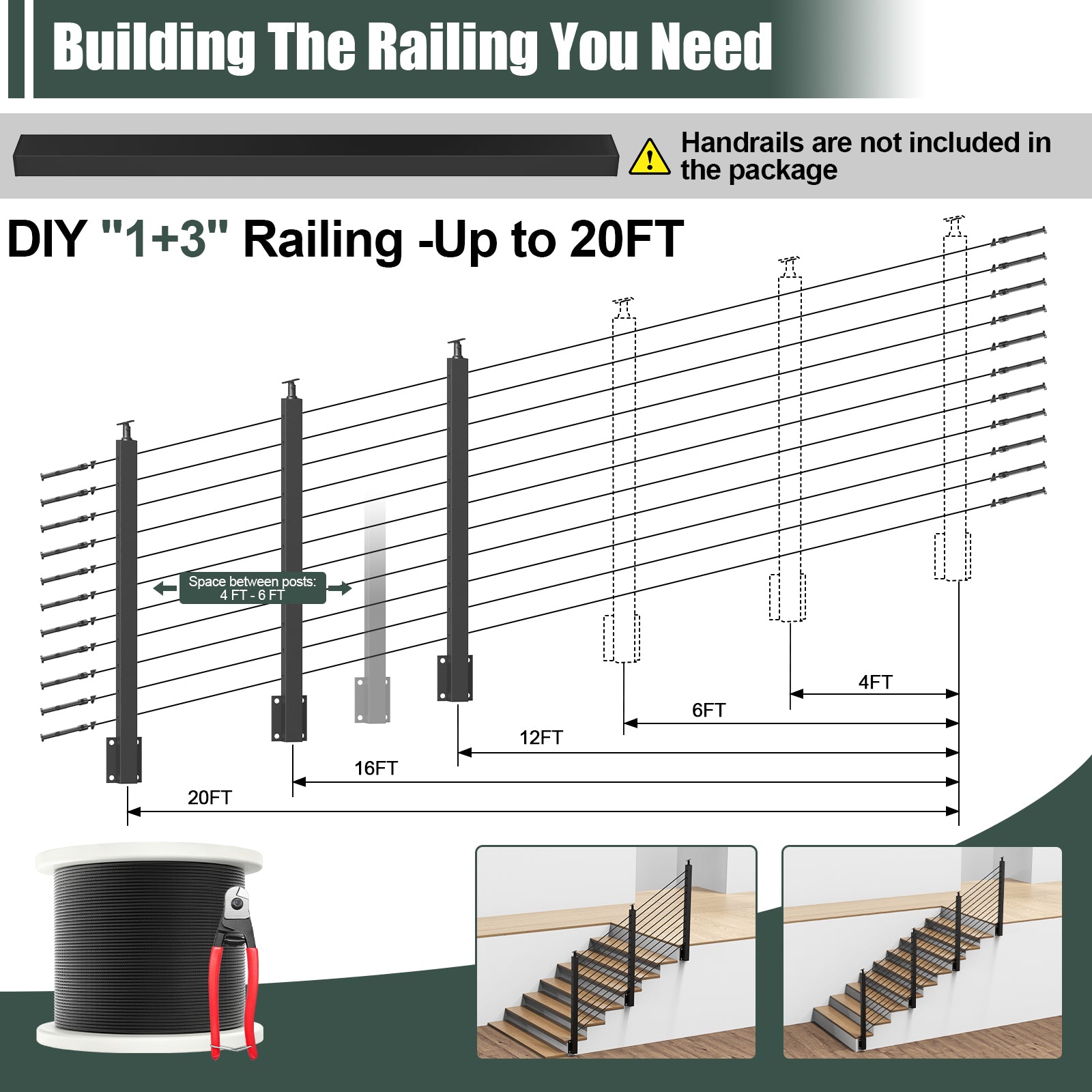 BLIKA 42'' Black Side Mount Cable Railing System DIY Kit (4FT - 20FT,  No Handrail)