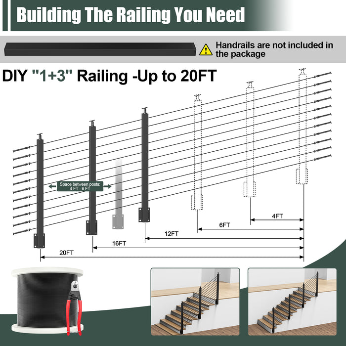 BLIKA 42'' Black Side Mount Stair Cable Railing System DIY Kit (4FT - 20FT,  No Handrail)
