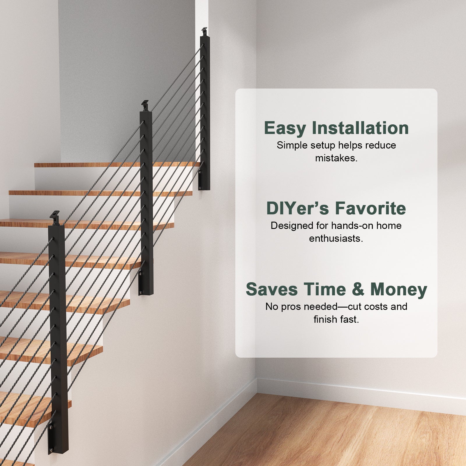BLIKA 42'' Black Side Mount Stair Cable Railing System DIY Kit (4FT - 20FT, Level Drilled)