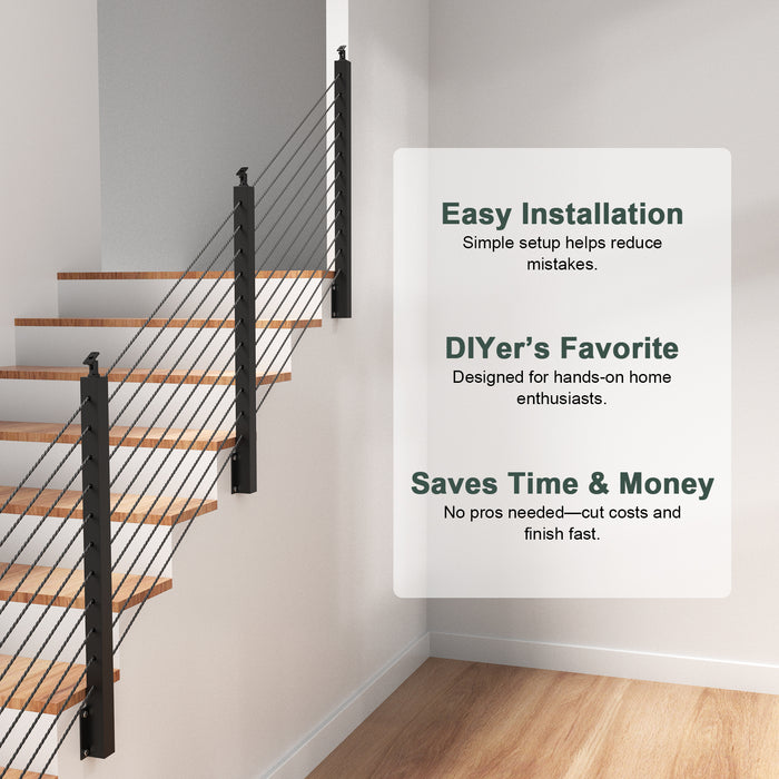 BLIKA 42'' Black Side Mount Stair Cable Railing System DIY Kit (4FT - 20FT, Level Drilled)