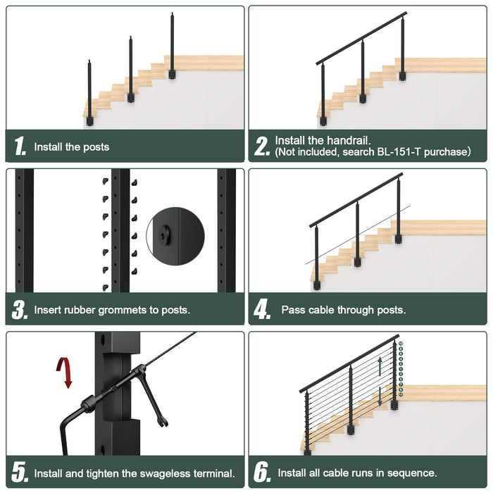 BLIKA 42'' Black Side Mount Stair Cable Railing System DIY Kit (4FT - 20FT, Level Drilled)