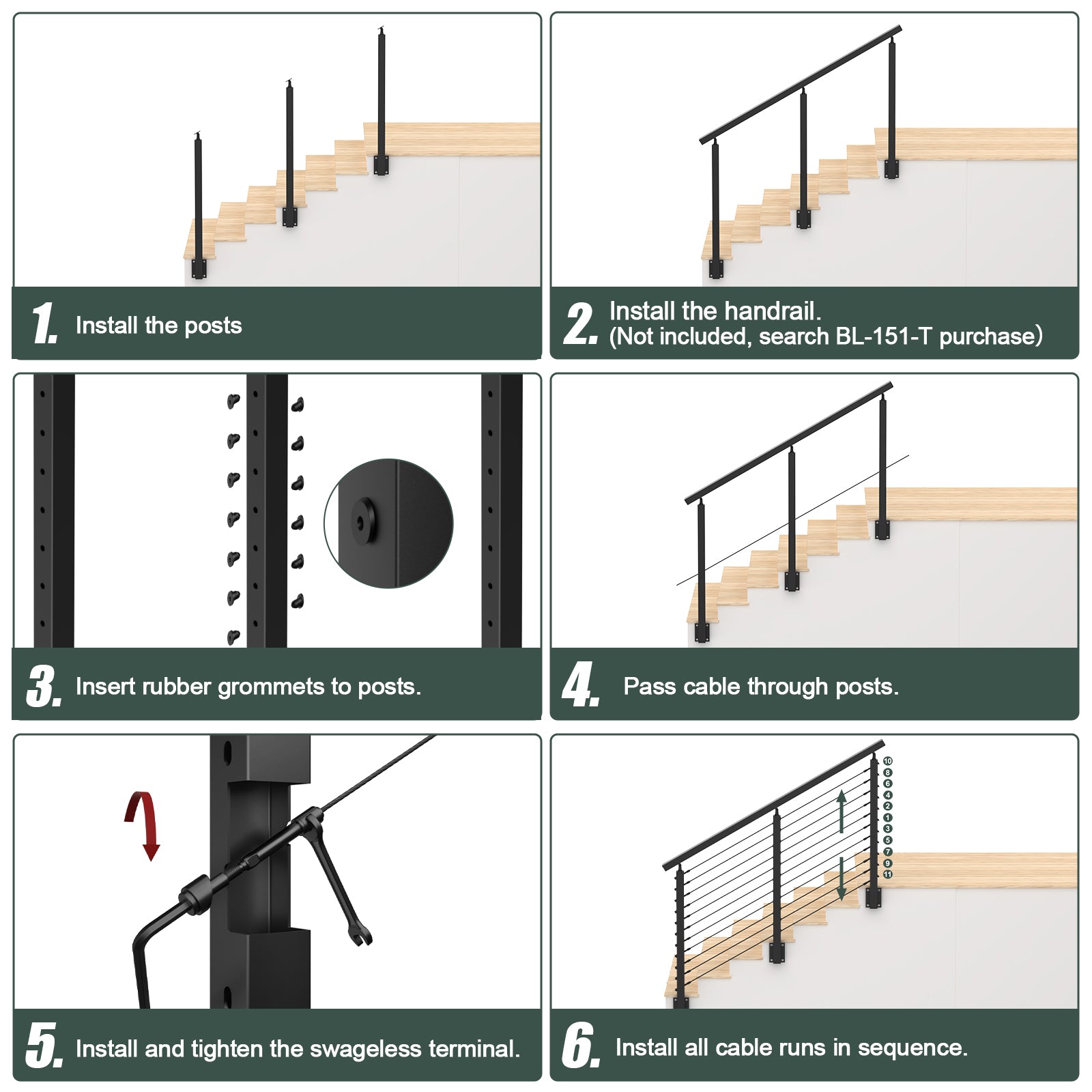 BLIKA 42'' Black Side Mount Cable Railing System DIY Kit (4FT - 20FT,  No Handrail)