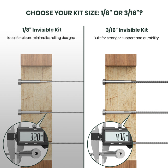 BLIKA 1/8" & 3/16" Stainless Steel Invisible Receiver and Swage Stud End for 2"x2"Posts, Invisible Cable Railing Kit
