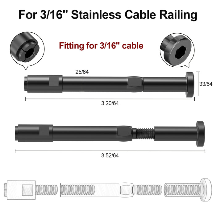 BLIKA Patented 1/8" & 3/16" Black Swageless Cable Fittings T316 For Metal&Wood Post