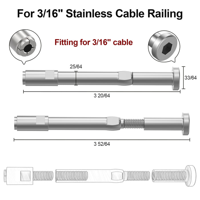 BLIKA Patented 1/8" & 3/16" Swageless Cable Fittings T316 For Metal&Wood Post