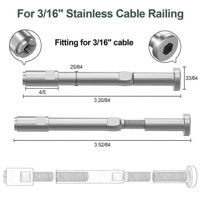 BLIKA Upgraded Swageless Cable Fittings for 3/16" Cable Railing