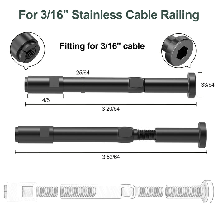BLIKA Upgraded Black Swageless Cable Fittings for 3/16" Cable Railing