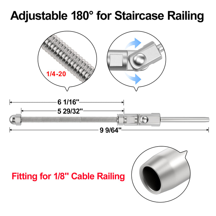 BLIKA 6" 180° Adjustable Angle Swage Threaded Stud for 1/8" Cable Railing