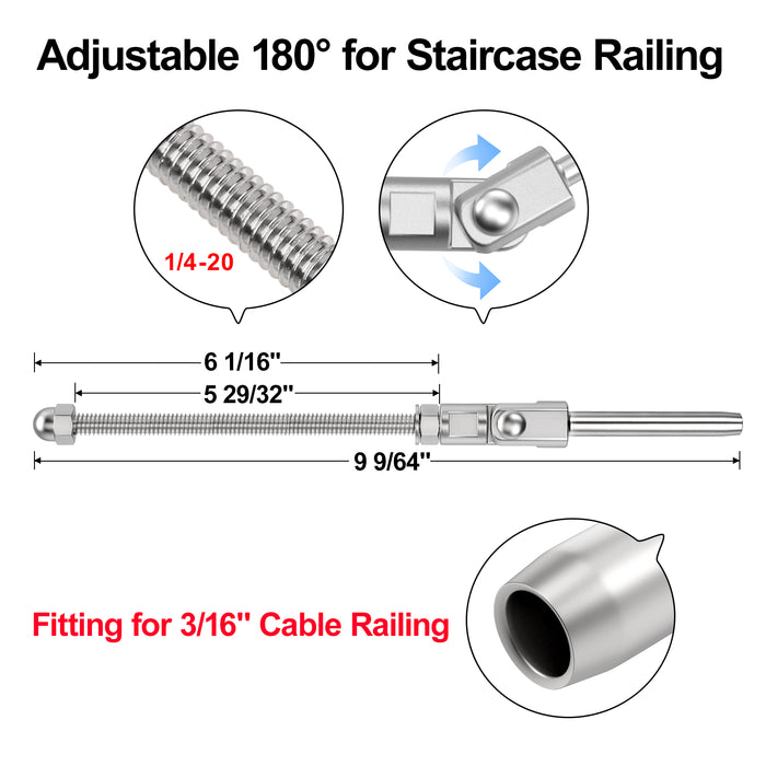 BLIKA 6" 180° Adjustable Angle Swage Threaded Stud for 3/16" Cable Railing