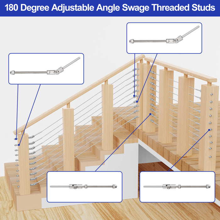 BLIKA 6" 180° Adjustable Angle Swage Threaded Stud for 1/8" Cable Railing