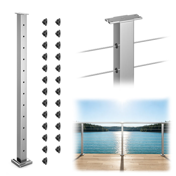 BLIKA 42" Brushed Stainless Steel Pre-Drilled Cable Railing Post for Level Runs