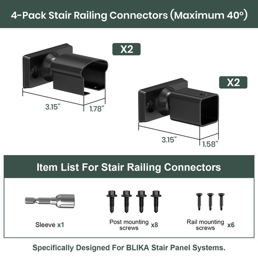 Adjustable stair connector dimensions for residential railing systems, heavy-duty aluminum brackets for sloped garden steps.