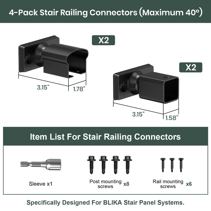 Adjustable stair connector dimensions for residential railing systems, heavy-duty aluminum brackets for sloped garden steps.