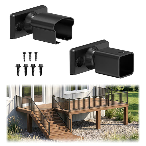 Black aluminum stair railing connector kit for outdoor deck and porch stairs, 0-40 degree adjustable pivot.