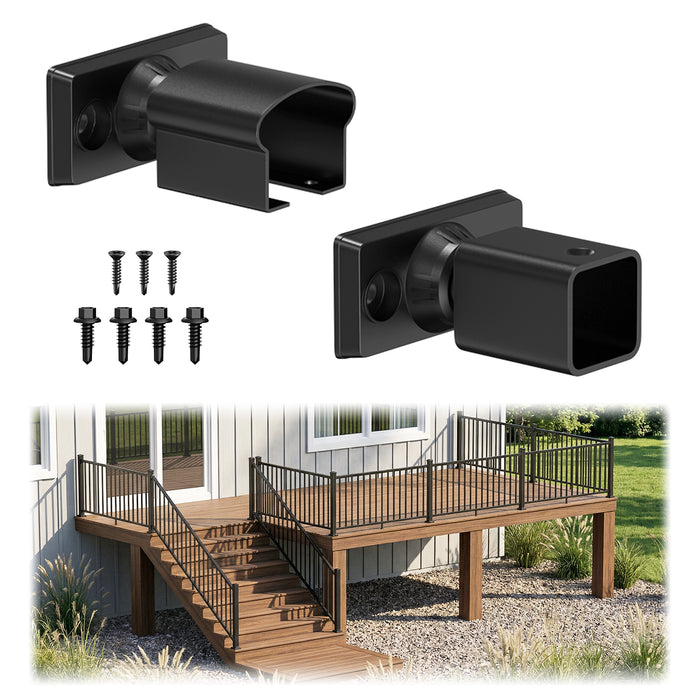 Black aluminum stair railing connector kit for outdoor deck and porch stairs, 0-40 degree adjustable pivot.