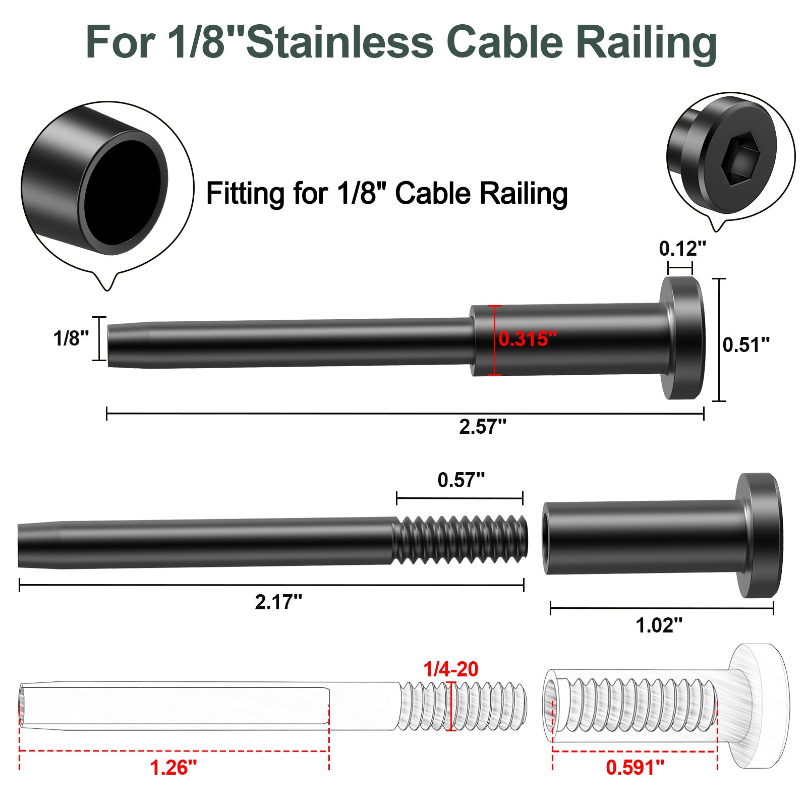 T316 Stainless Steel End Fitting for Cable Railing 1/8 Cable T316 Stainless Steel End Fitting for Cable Railing 1/8 Cable