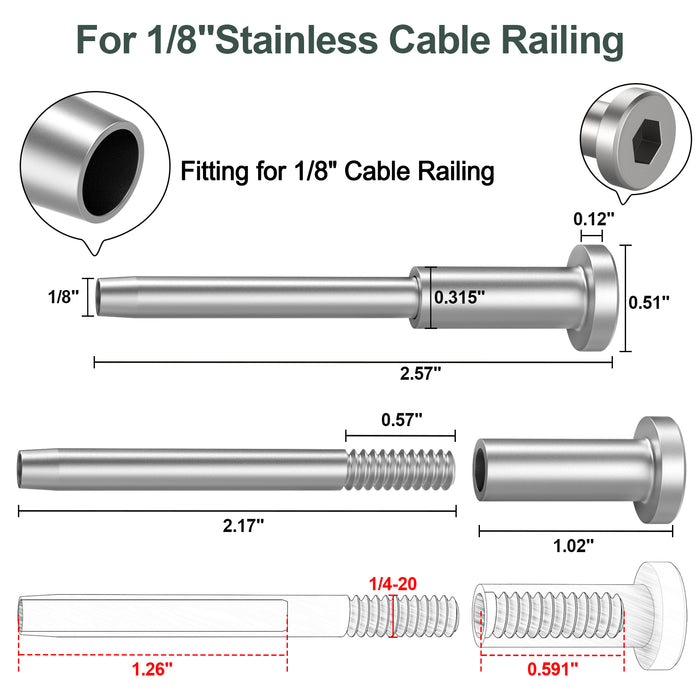 thumbnail image 2 of T316 Stainless Steel End Fitting For Cable Railing - Fits 1/8 Inch Cable (Lot Of 60) 2 of 6