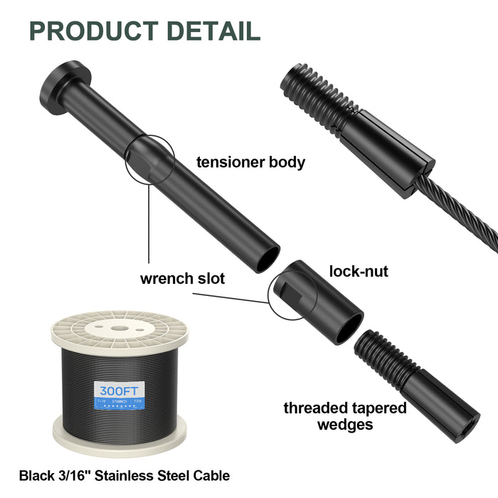 BLIKA Patented 1/8" & 3/16" Black Swageless Cable Fittings T316 For Metal&Wood Post