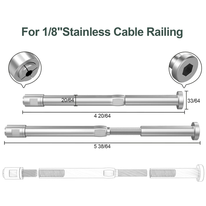 BLIKA Upgraded Swageless Cable Fittings for 1/8" Cable Railing - Extended Version