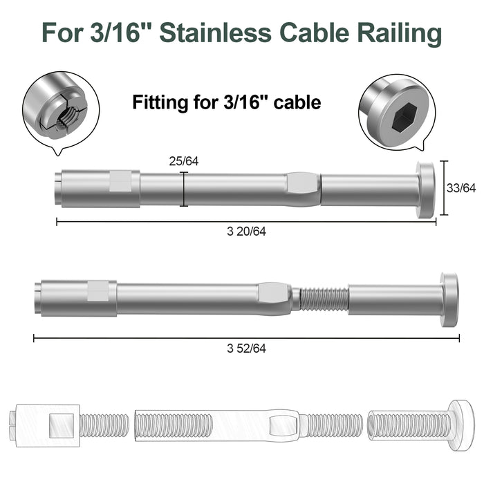 BLIKA Upgraded Swageless Cable Fittings for 3/16" Cable Railing