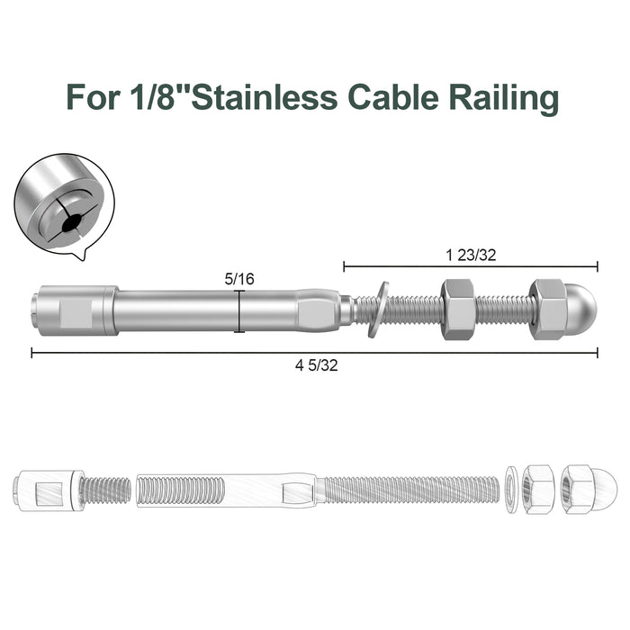 BLIKA Upgraded Swageless Shreaded Stud for 1/8" cable railing