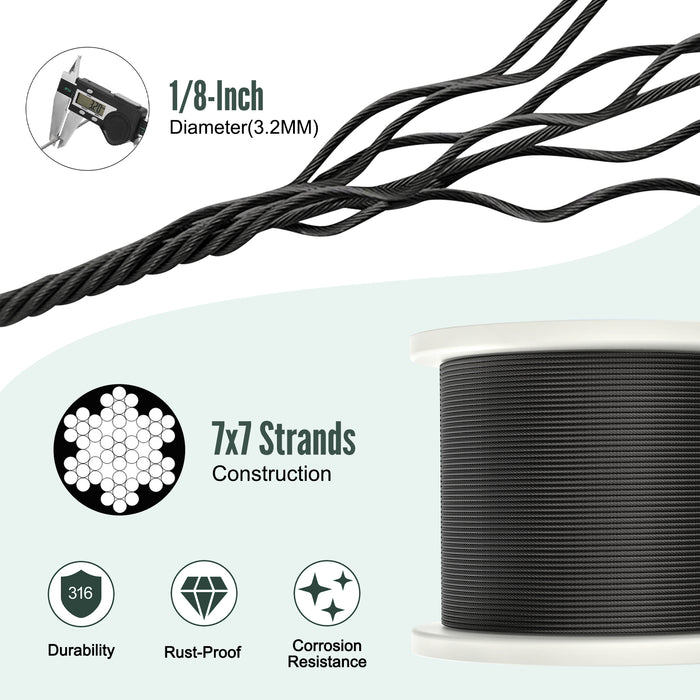Close-up of 7x7 strand construction 1/8" black oxide stainless steel cable, smooth and burr-free.