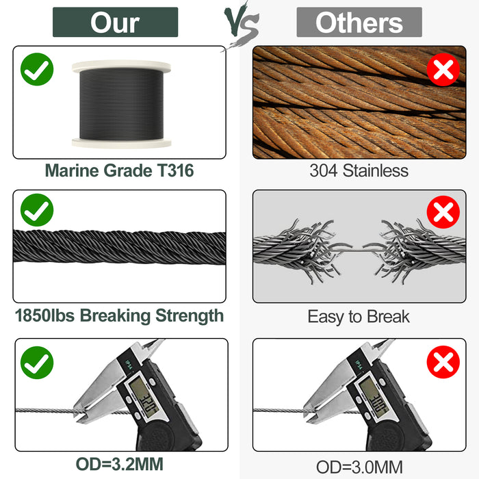 Marine grade T316 black stainless steel cable, corrosion resistant for coastal and outdoor environments.