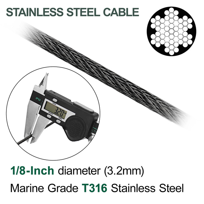 Dimensional diagram of 1/8 inch diameter black oxide coated stainless steel wire rope.