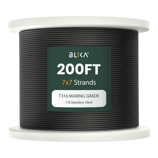 BLIKA 200FT 1/8" Black Stainless Steel Wire Rope for Deck Railing System.