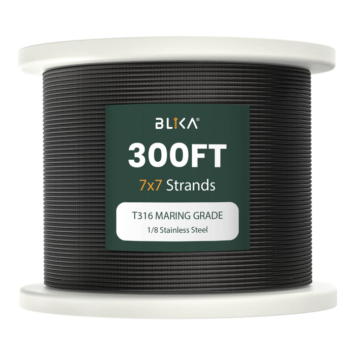 BLIKA 300FT 1/8 inch Black Oxide T316 Stainless Steel Cable, 7x7 Construction.