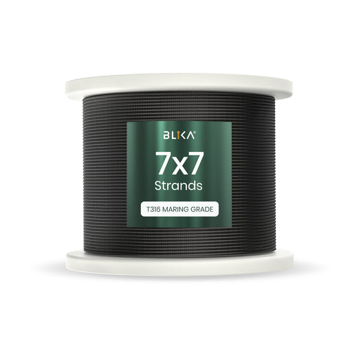 BLIKA 1/8 inch black stainless steel cable coil, T316 marine grade wire rope for deck railing.