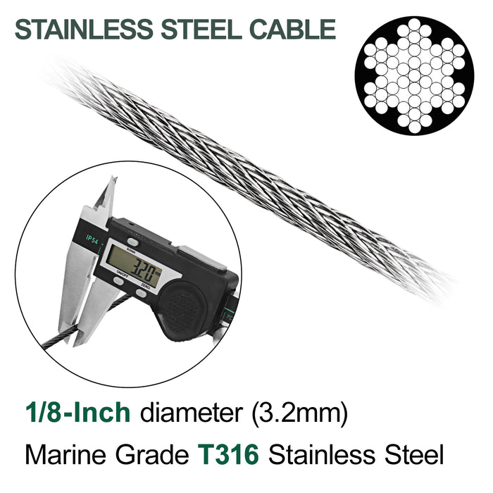 Dimensional diagram of 1/8 inch diameter stainless steel cable.