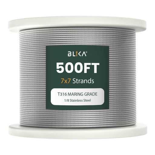 BLIKA 500FT T316 Stainless Steel Cable 1/8" for Outdoor Handrail Systems.
