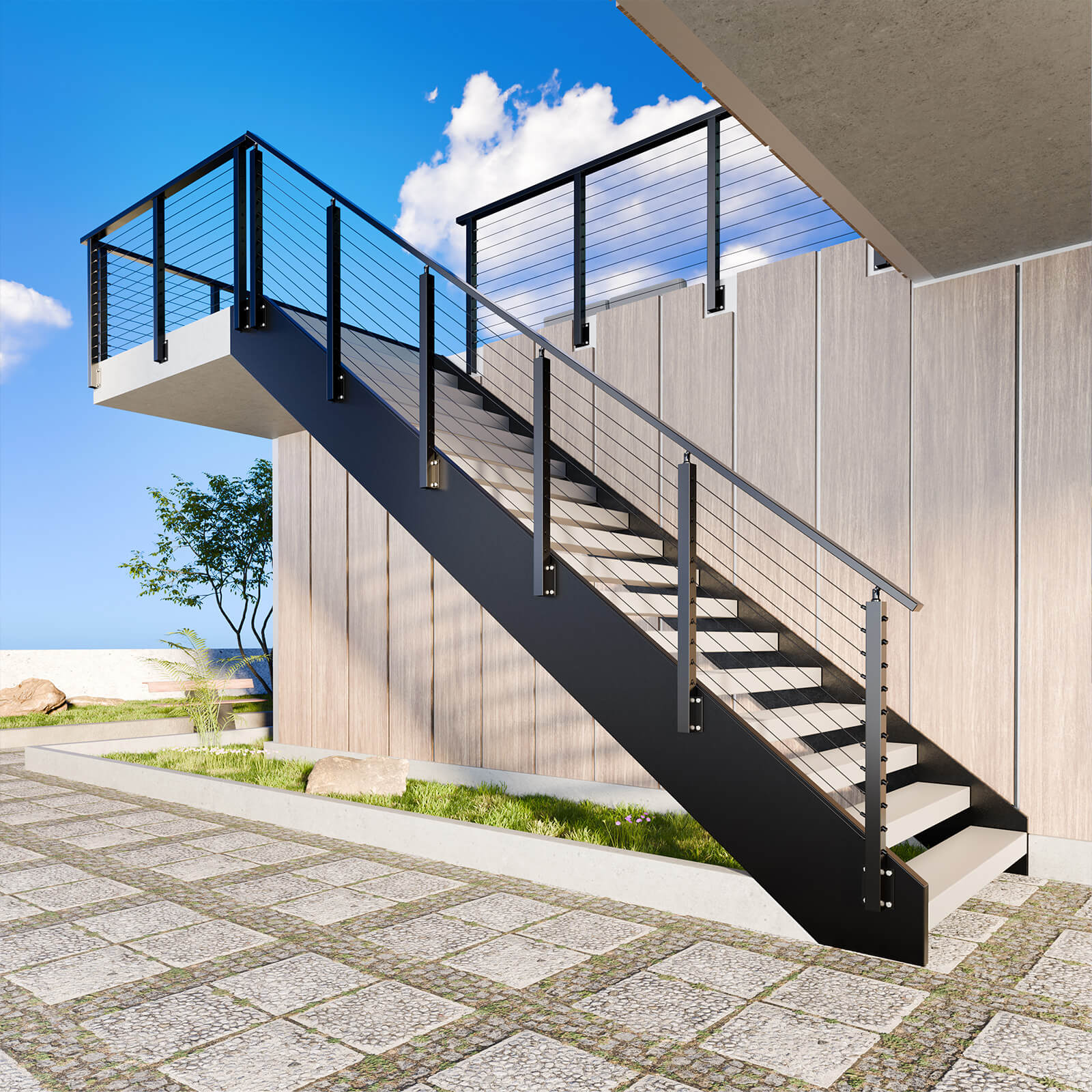 BLIKA 42'' Black Side Mount Stair Cable Railing System DIY Kit (4FT - 20FT, Angle Drilled)