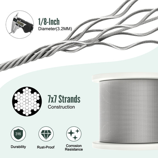 Close-up of 7x7 strand construction 1/8" stainless steel cable, smooth and burr-free.