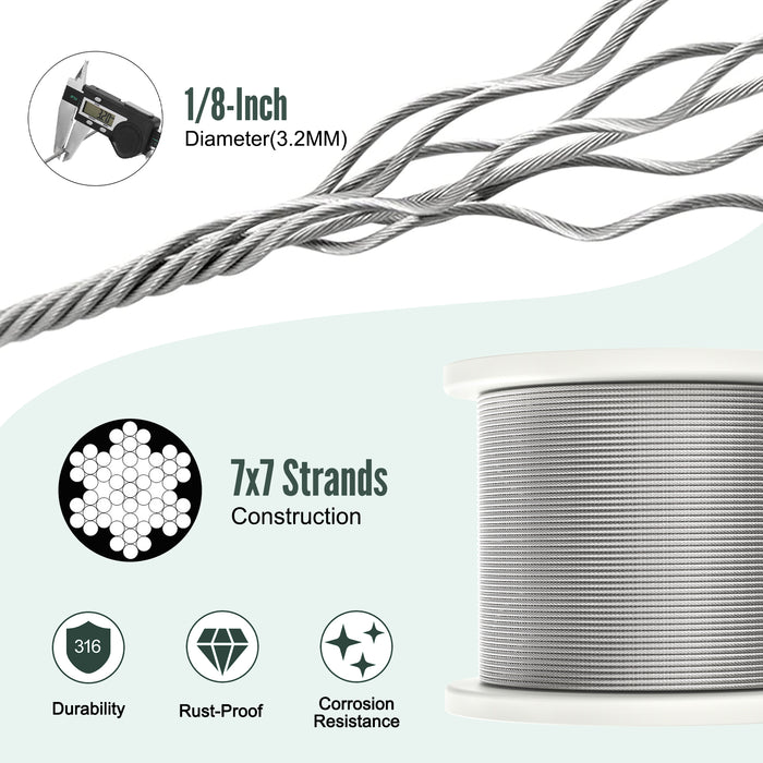 Close-up of 7x7 strand construction 1/8" stainless steel cable, smooth and burr-free.